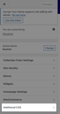 WordPress Customizer panel with Additional CSS at the bottom of the menu