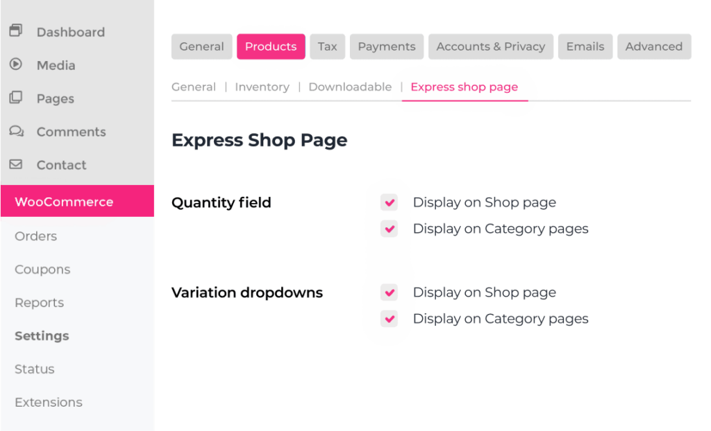 WooCommerce Express Shop Page plugin settings