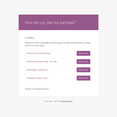 WooCommerce Product Sample follow up email example