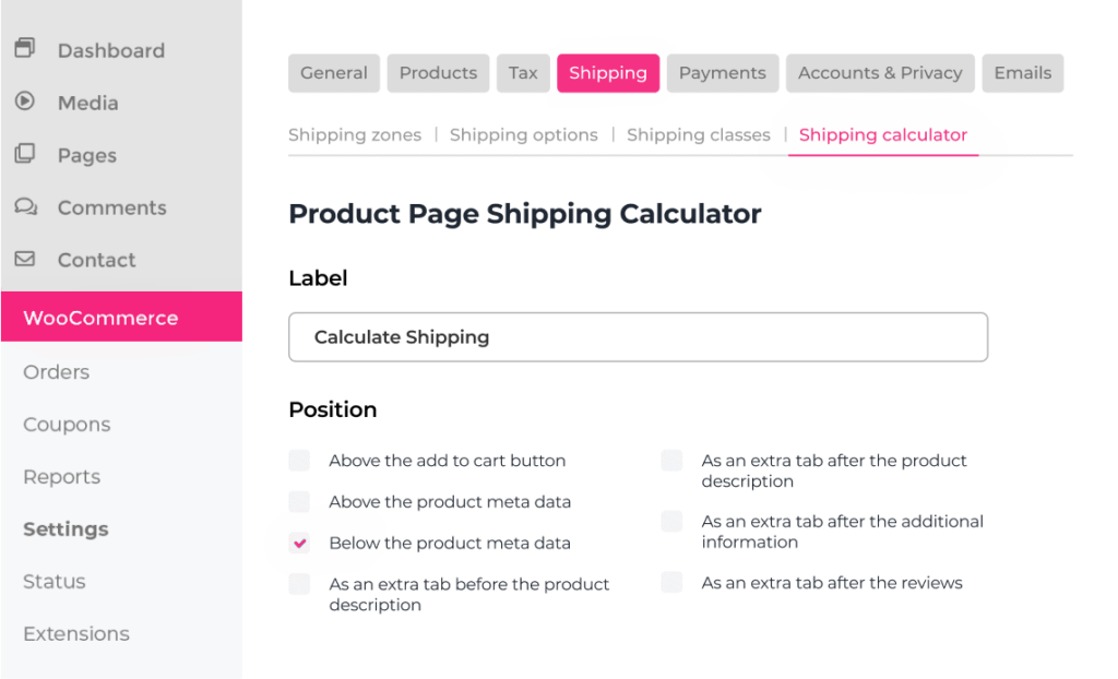 WooCommerce Shipping Calculator settings