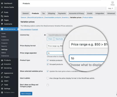 WooCommerce change variation price range format