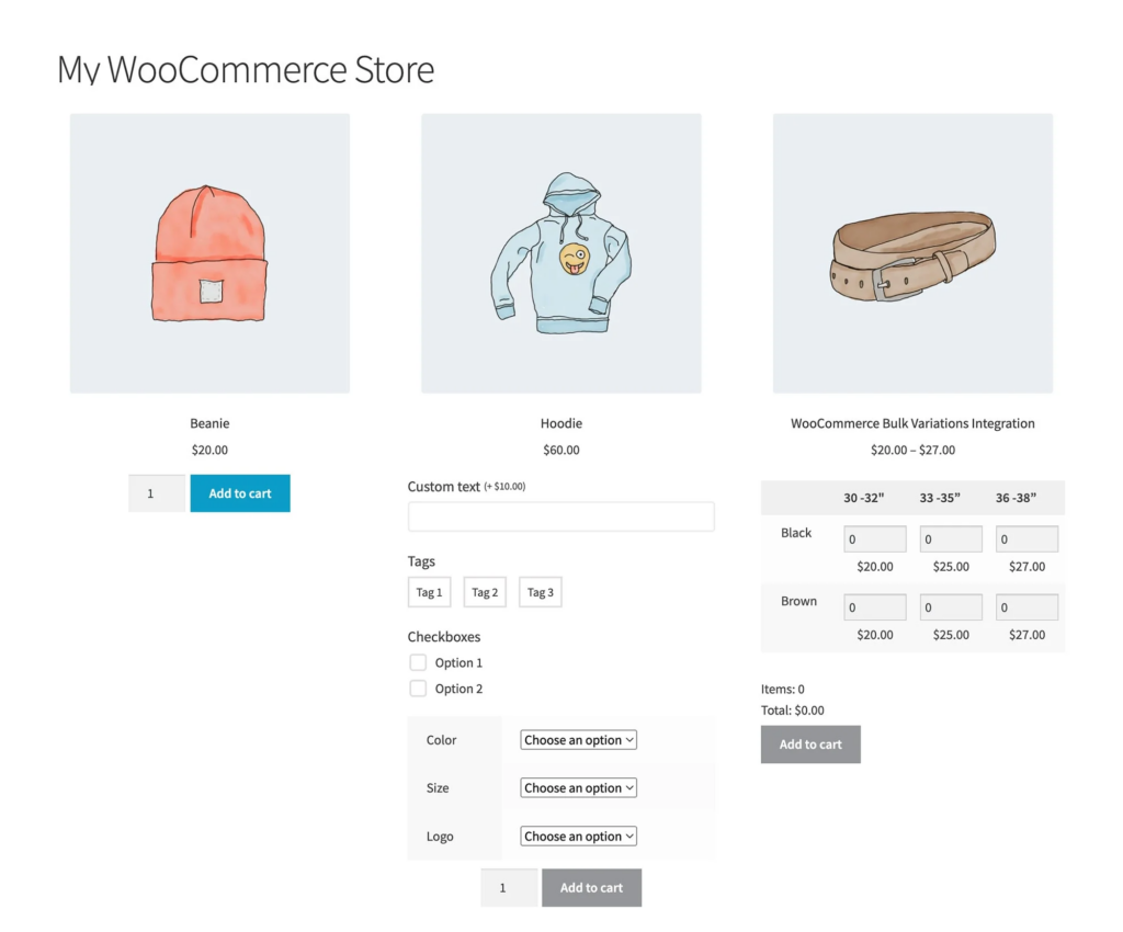 WooCommerce Express Shop Page supports product add ons