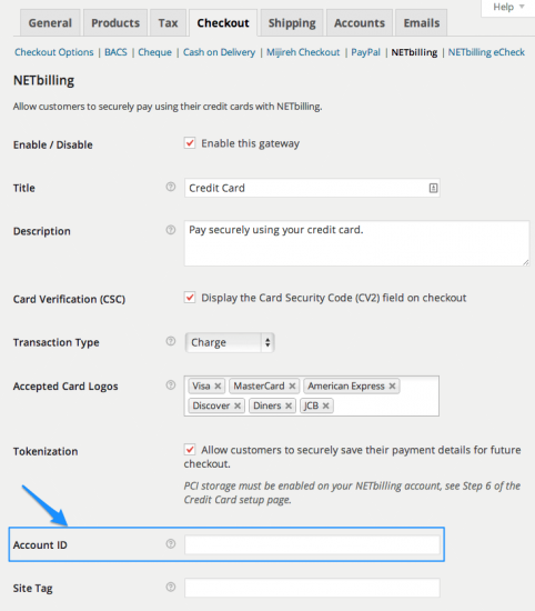 netbilling for woocommerce admin settings account id