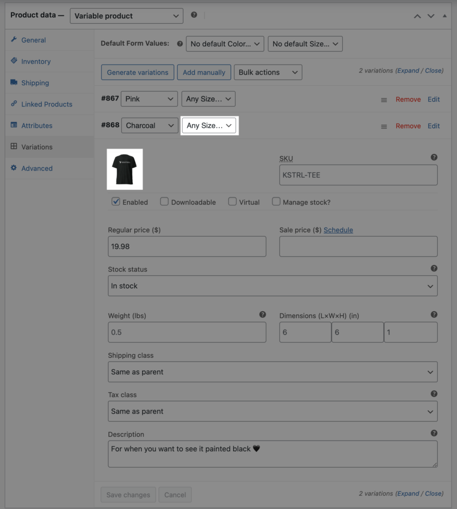 Share WooCommerce variation details: create variations manually