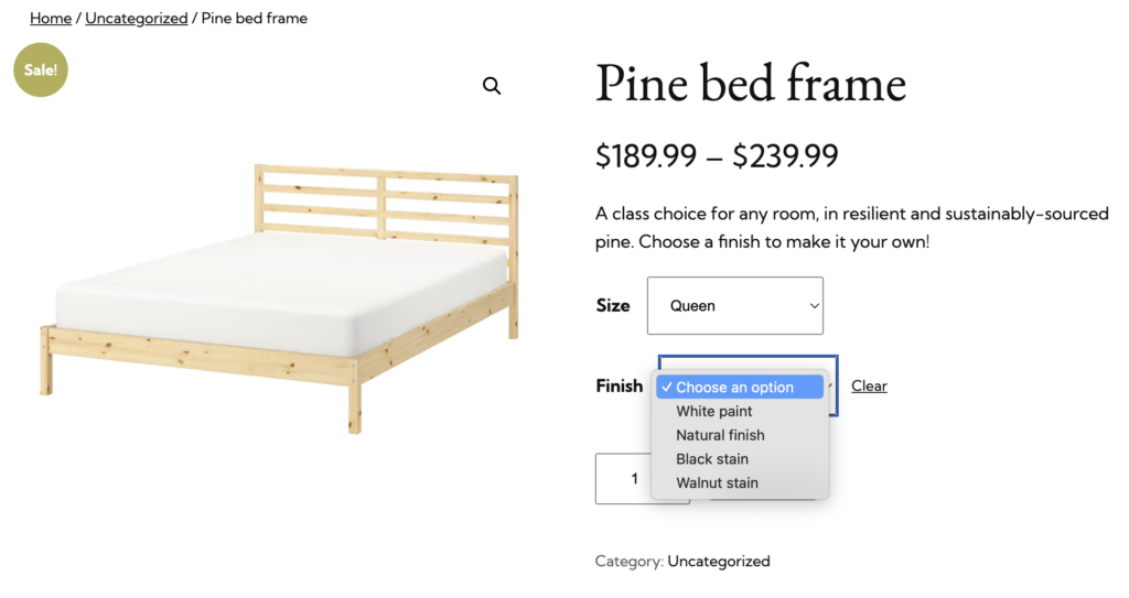 Share WooCommerce variation details: pine bedframe example