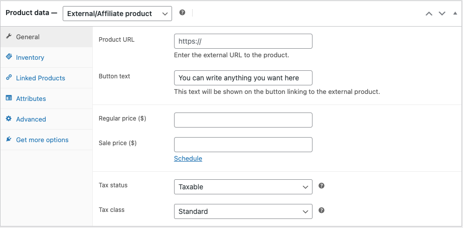 An external product in the WooCommerce product editor