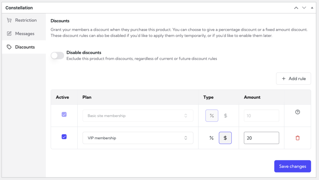 Constellation WooCommerce membership plugin: add product discount rules