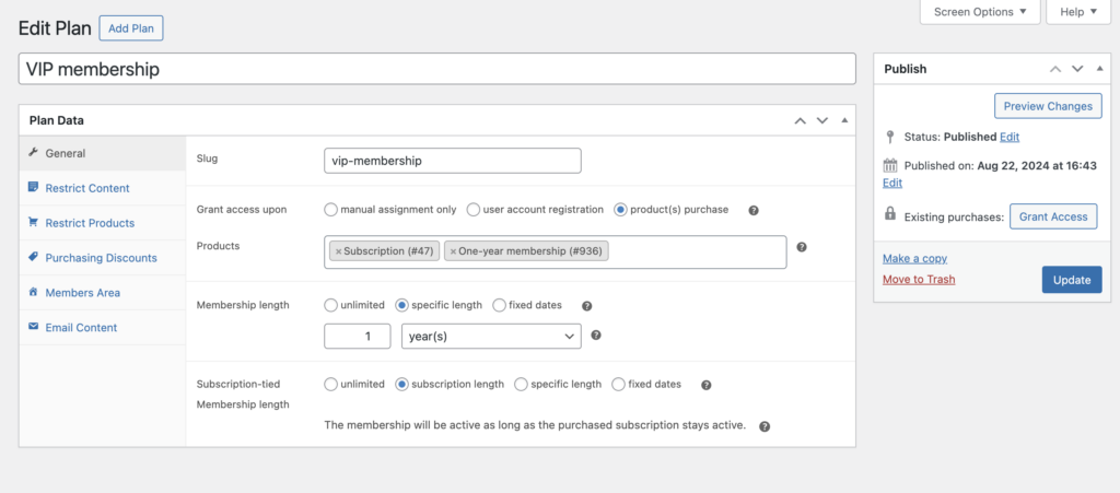 Constellation WooCommerce membership plugin: Edit plan general settings