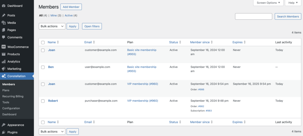 Constellation WooCommerce membership plugin: Members list