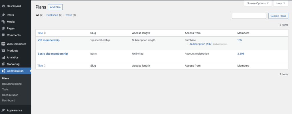 Constellation WooCommerce membership plugin: plans list