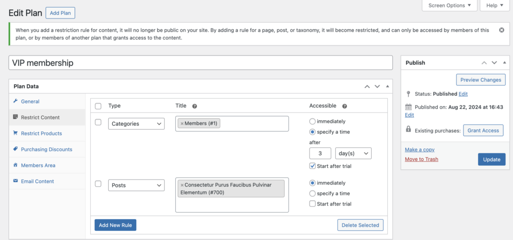 Constellation WooCommerce membership plugin: restricting content for a plan