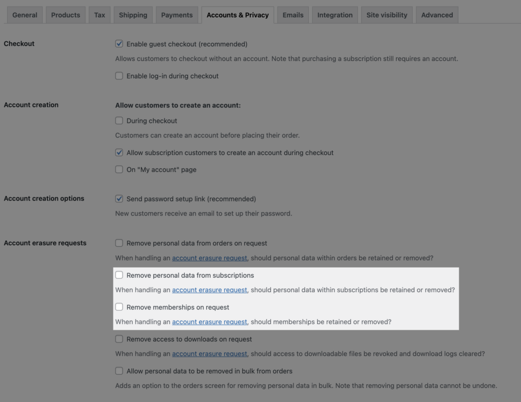 Constellation WooCommerce membership plugin: account erasure requests