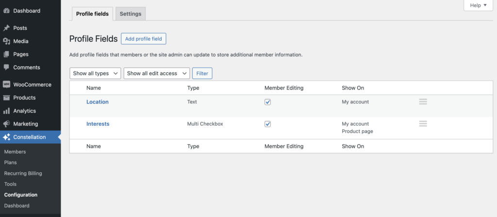 Constellation WooCommerce membership plugin: profile fields configuration