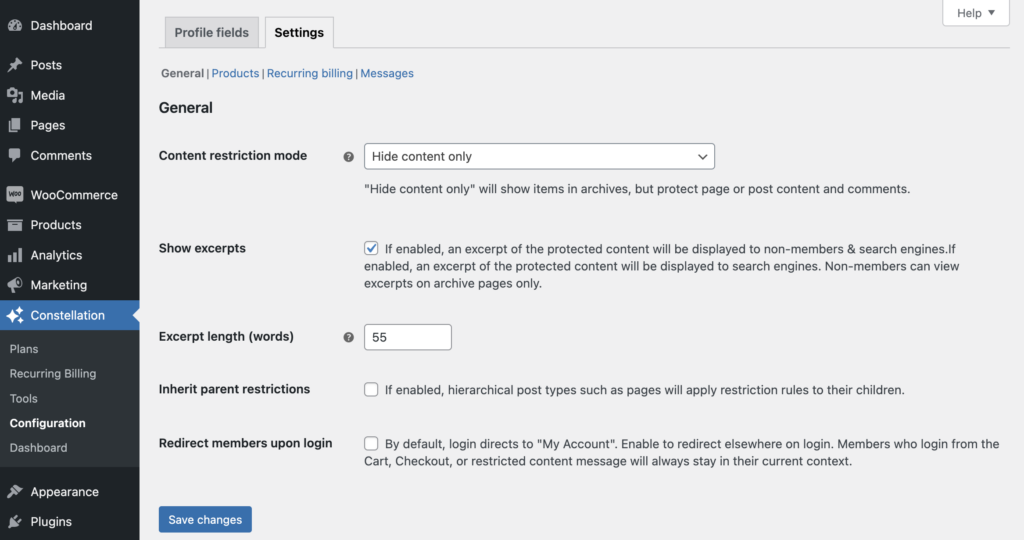 Constellation WooCommerce memberships plugin: General settings