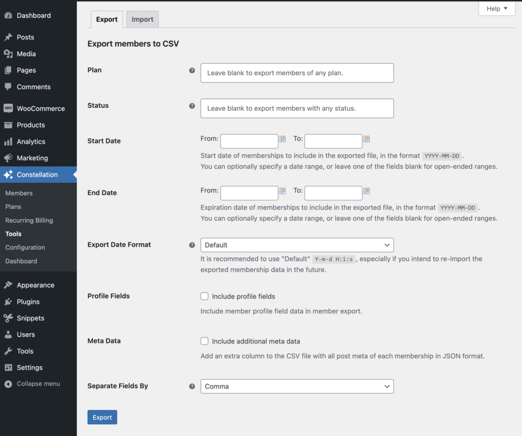 Constellation WooCommerce membership plugin: export tool