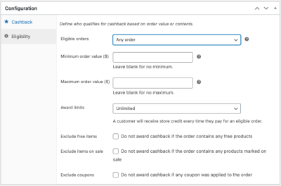 Cashback eligibility settings for Order Paid trigger showing eligible orders, minimum and maximum order value, award limits, and exclusion options for free items, sale items, and coupons