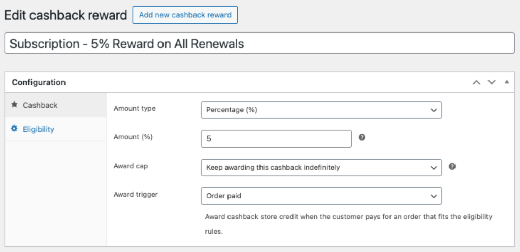 Account Funds Cashback new reward form with Purchased Product trigger selected
