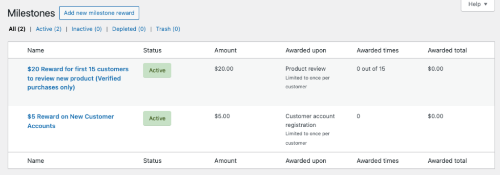 Account Funds milestone rewards list showing two active rewards for product reviews and new customer registration with their amounts and award limits
