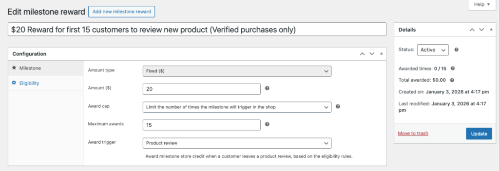 WooCommerce Account Funds milestone reward for product reviews