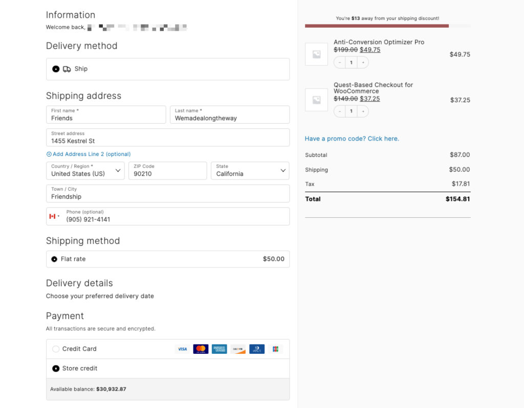 An example checkout using CheckoutWC with the Store Credit gateway activated with Account Funds and Constellation discounts applied