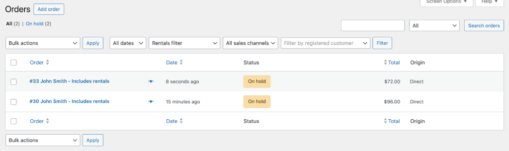 Two rental products orders that have not yet reserved inventory (rental product quotes)