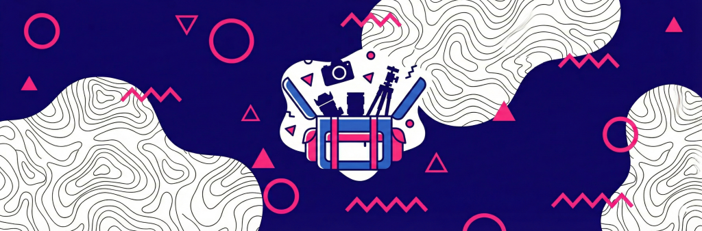 Abstract illustration of an open camera bag containing a DSLR camera, lenses, and a tripod, surrounded by pink geometric shapes and white topographic patterns on a dark blue background.