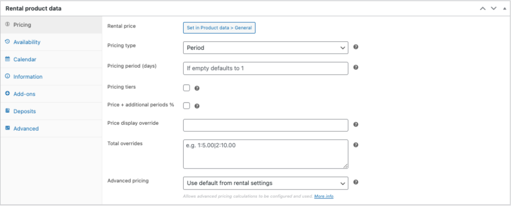 WooCommerce rental product data panel showing pricing configuration for rental products inventory, including settings for pricing periods, tiers, and advanced pricing overrides.