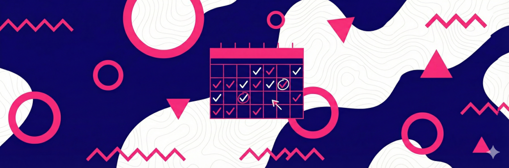 Memphis-style blog header with a deep indigo background and pink geometric shapes, featuring a central calendar illustration with pricing indicators to represent time-based rental products inventory strategies.