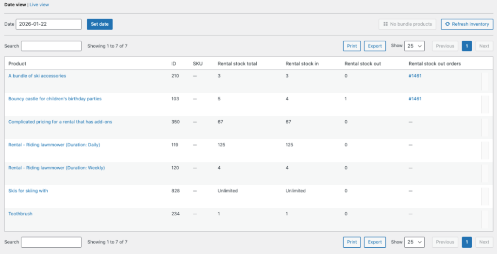 WooCommerce rental products inventory dashboard in Date View, displaying a table of products with columns for rental stock total, stock in, and stock out for a specific date