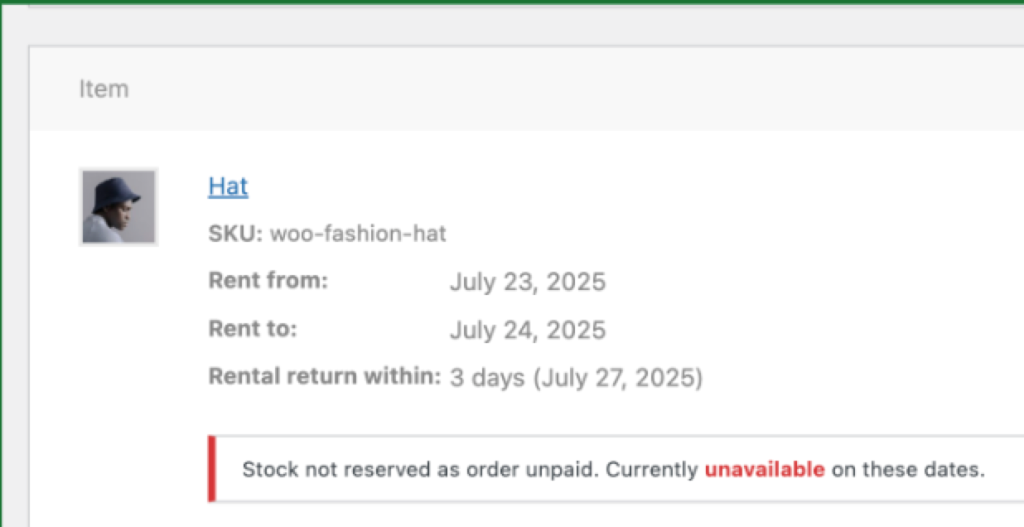 A reserved WooCommerce rental showing the notice that the product is unavailable on these dates