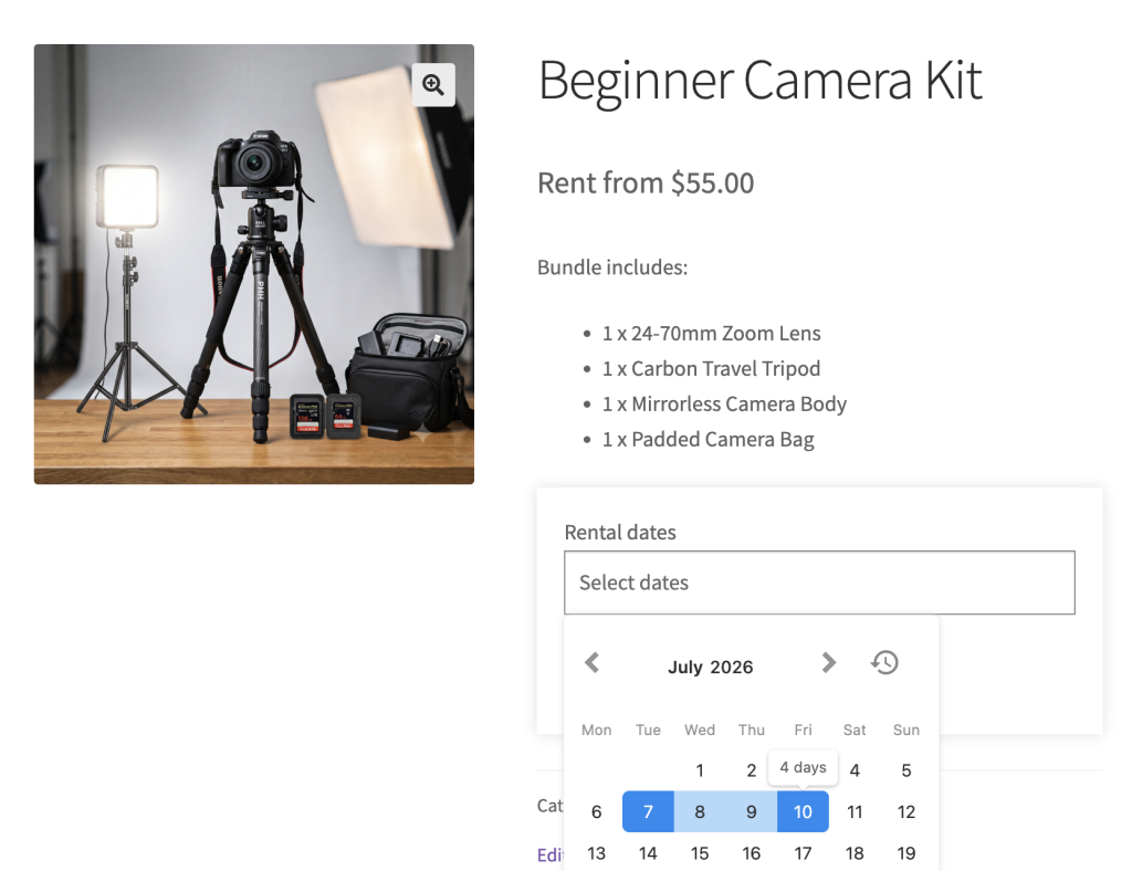 A Beginner Camera Kit rental bundle — camera body, lens, tripod and bag offered as one bookable product.