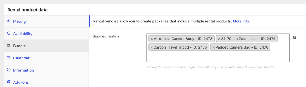The Bundled rentals field listing the camera body, lens, tripod and bag added to the bundle.