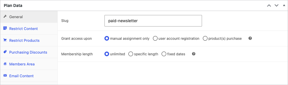 Constellation membership plan settings showing Grant access upon and Membership length options