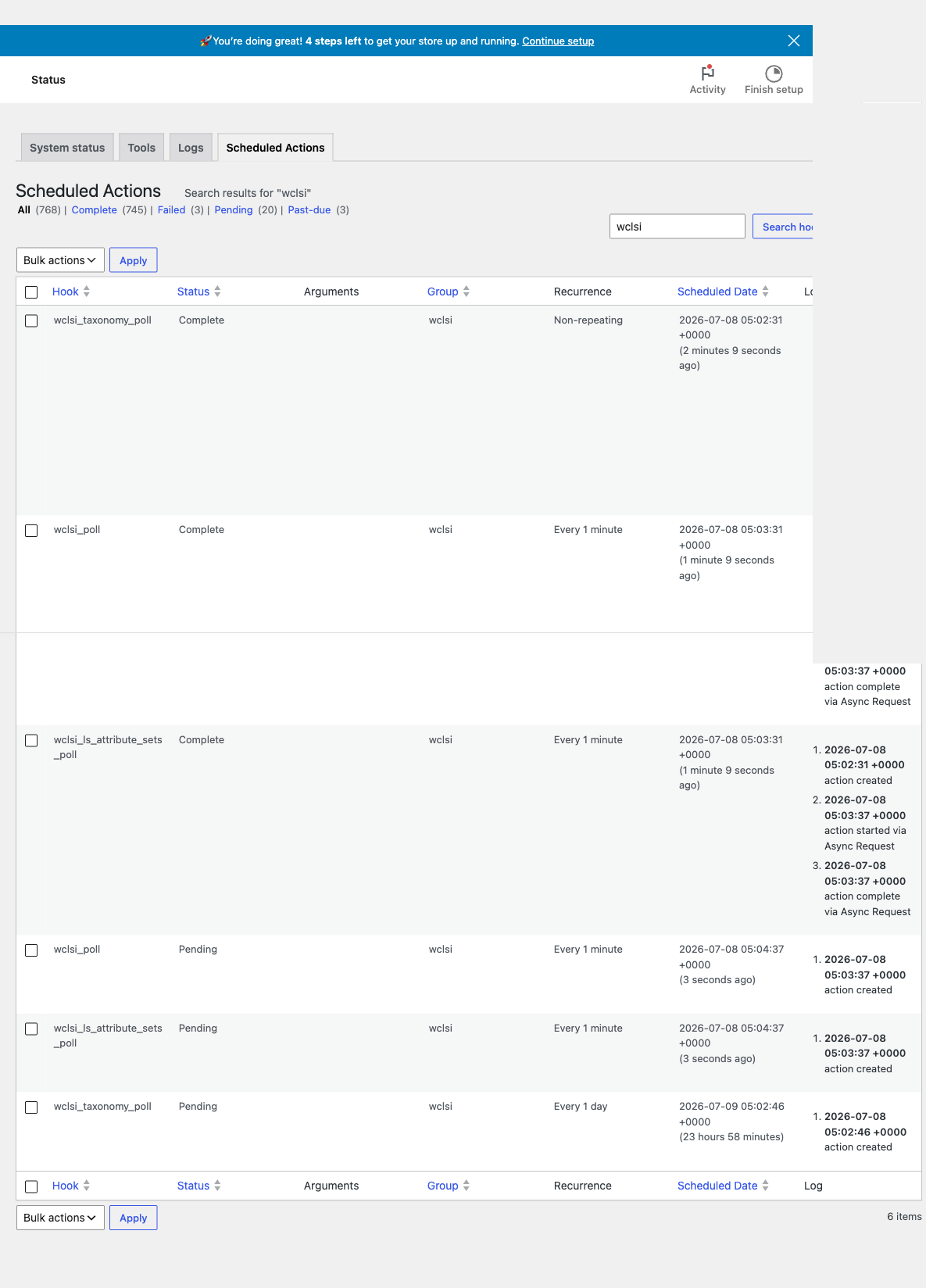 WooCommerce Status Scheduled Actions screen filtered to the wclsi group, showing wclsi_poll, wclsi_ls_attribute_sets_poll and wclsi_taxonomy_poll actions with Complete and Pending statuses
