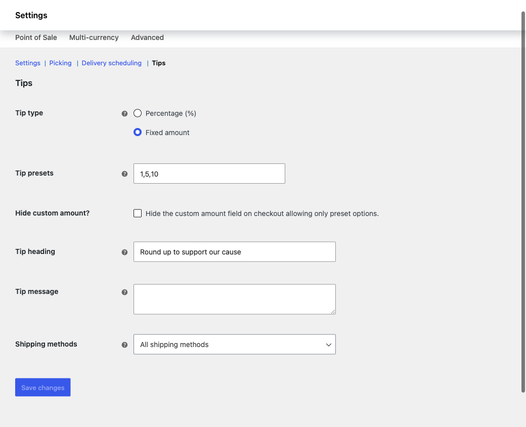 Add donations to WooCommerce checkout: Order Delivery Tips settings with fixed amount, presets, and a custom heading
