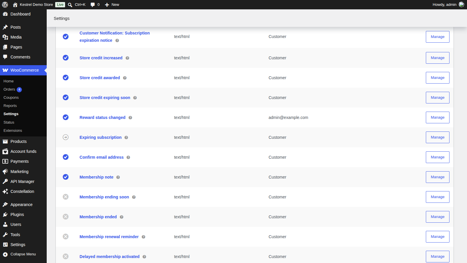 Account Funds: Store credit emails (the four Account Funds rows of the email list with their status and recipient columns)