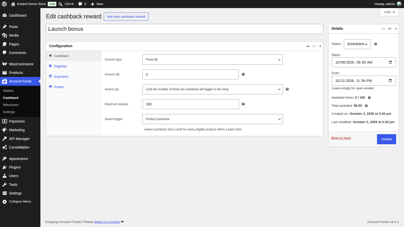 Account Funds: Schedule a reward (edit "Launch bonus")