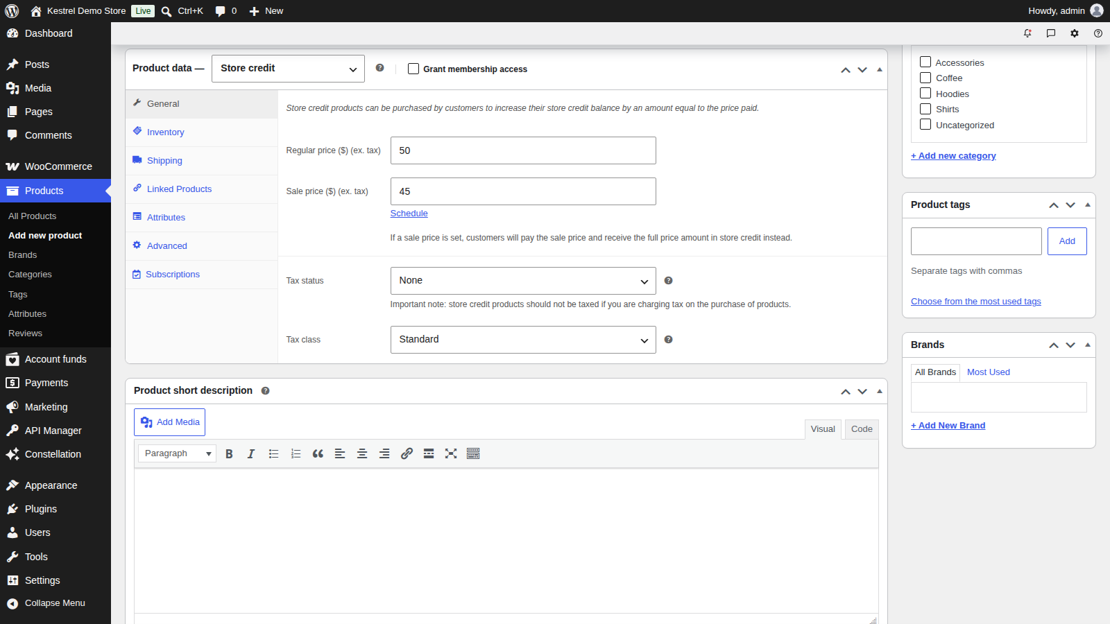 Account Funds: Add the product (product data General tab with the three inline notes (description, sale price, tax status))