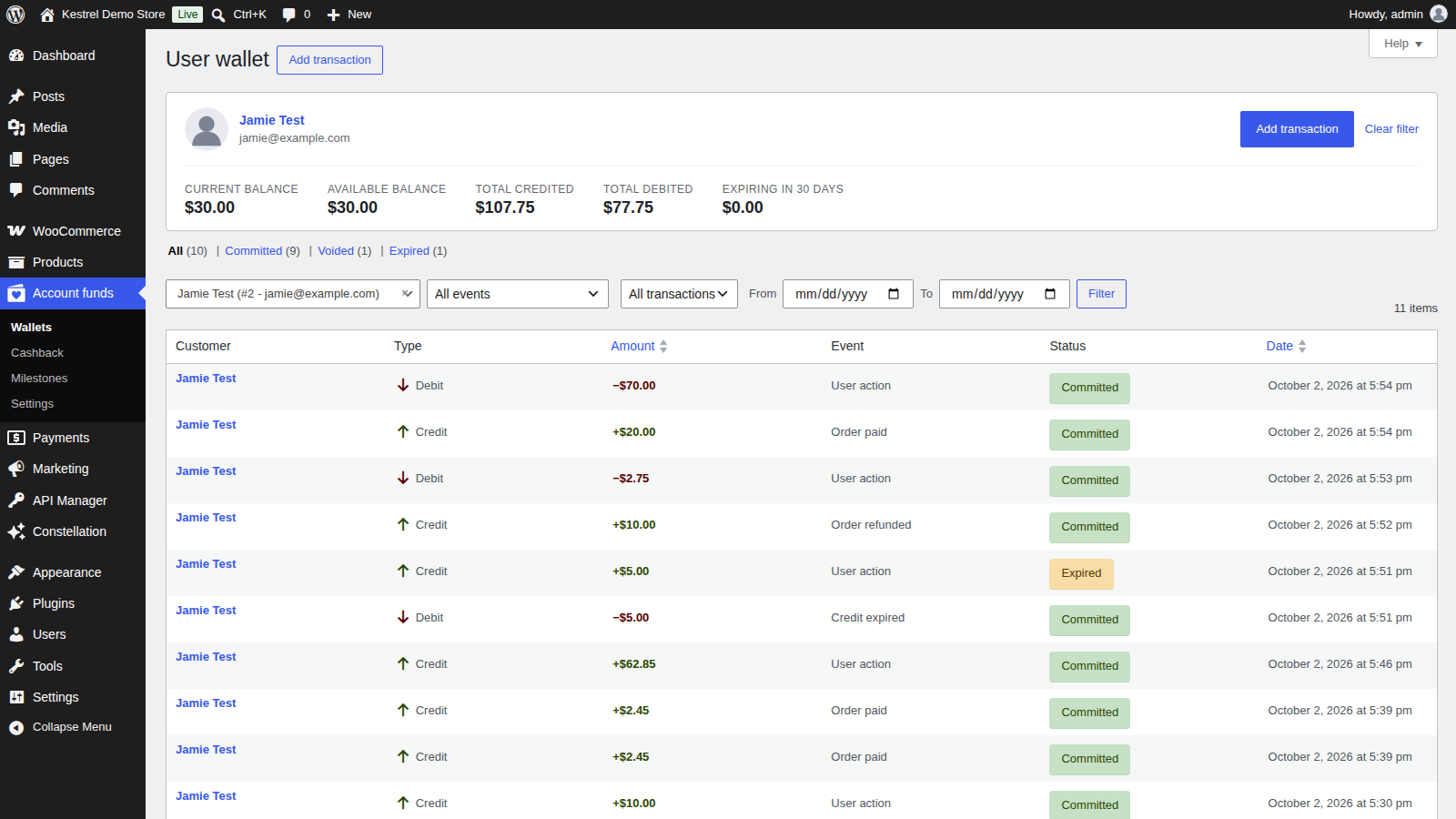 Account Funds: Find a customer's balance (filters row, five cards and the list)