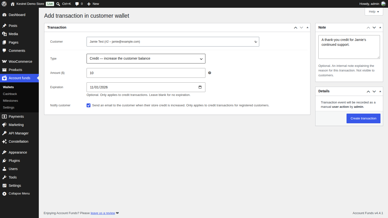 Account Funds: Add or remove store credit (wallets » Add transaction)