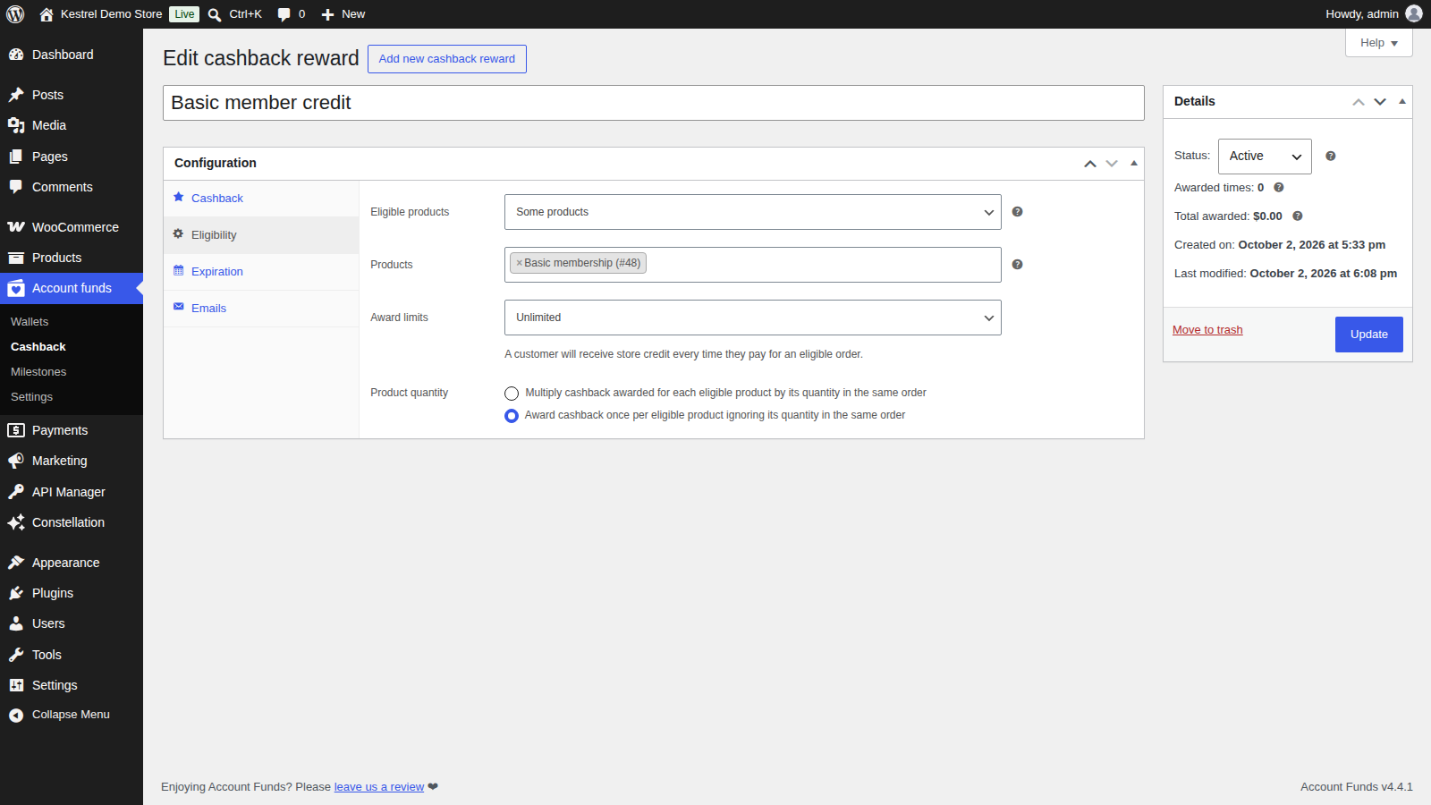 Account Funds: Step 2 (edit the "Basic member credit" cashback, Eligibility tab)