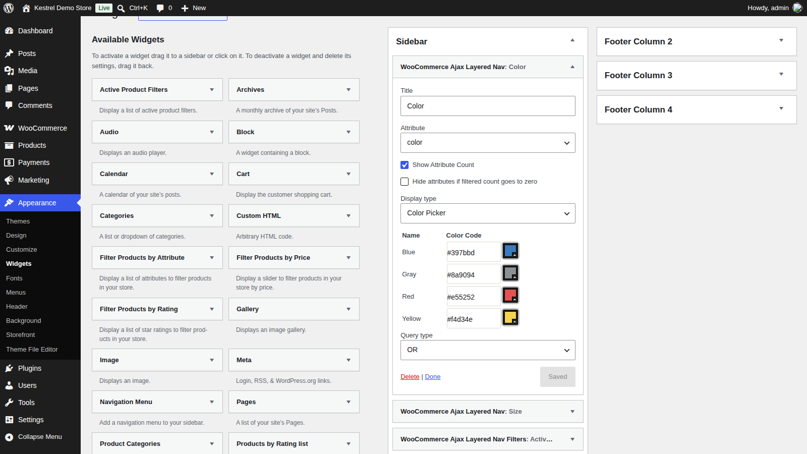 Advanced Ajax Layered Navigation: Add a filter widget (the open WooCommerce Ajax Layered Nav widget form, including the Color Code table)