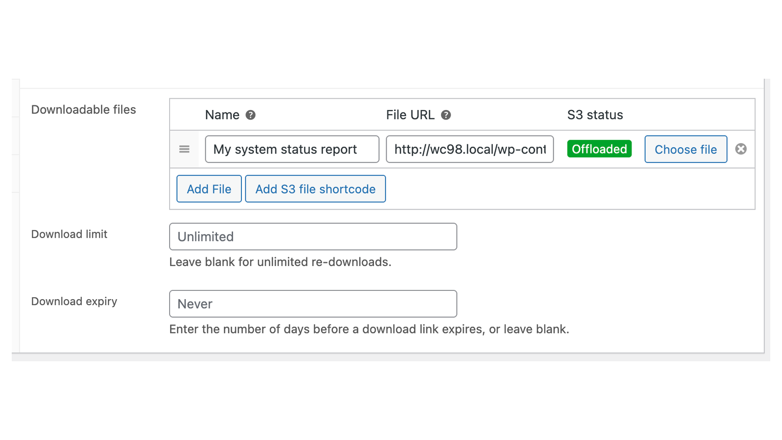 Amazon S3 Storage: overview (the Downloadable files table with the S3 status column)