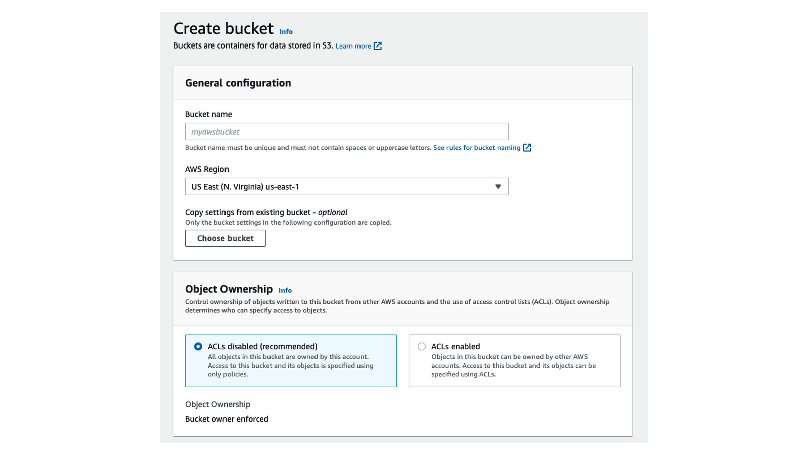 Amazon S3: Create the bucket (aWS console » S3 » Create bucket)