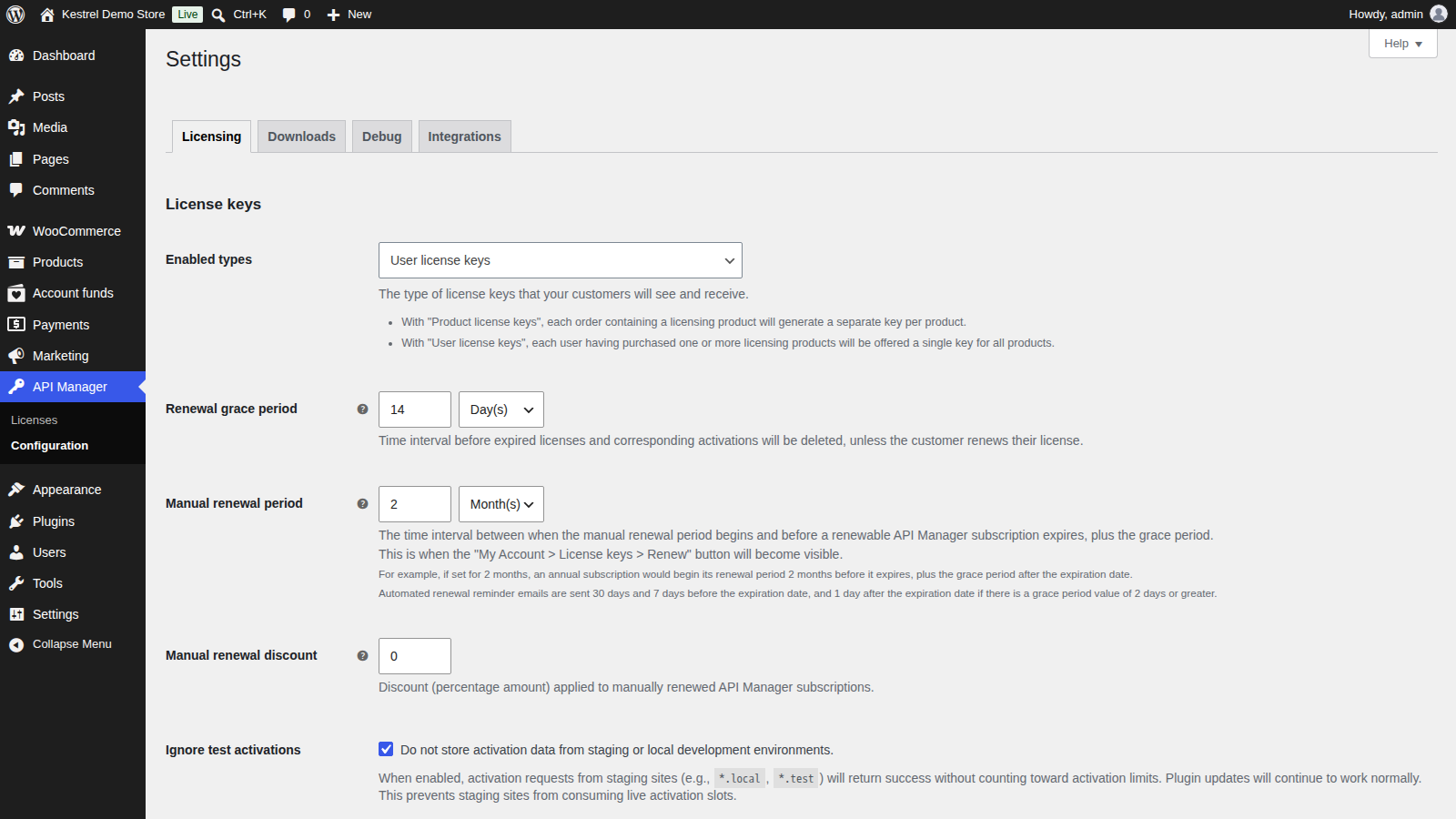 API Manager: overview (tab bar and the License keys section)