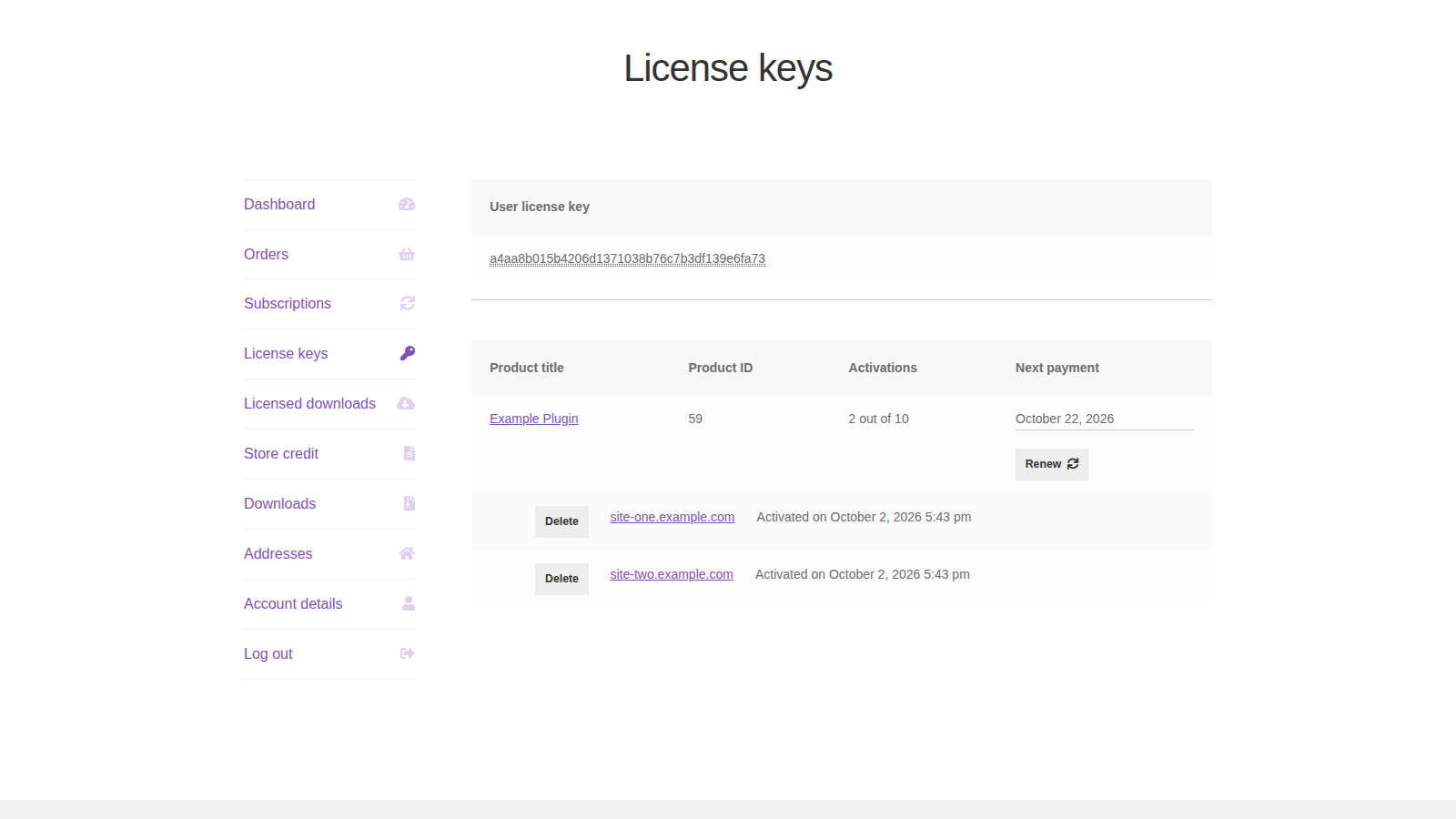API Manager: License keys (storefront My Account » License keys as the test customer)