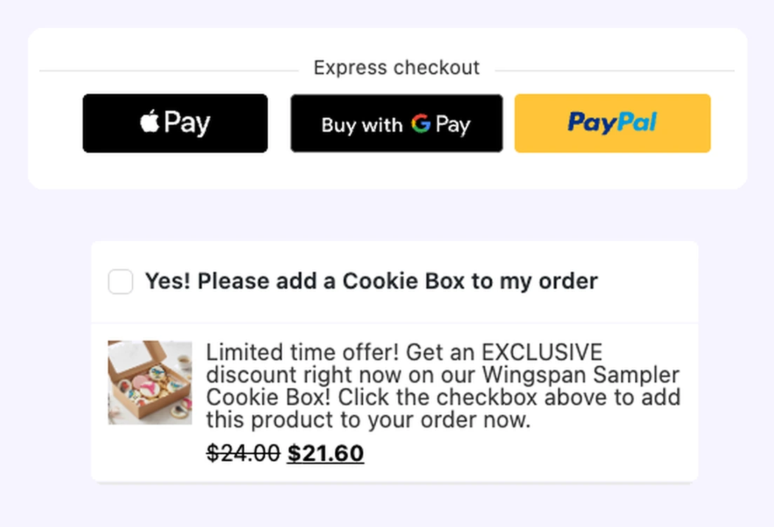 CheckoutWC express checkout buttons for Apple Pay, Google Pay and PayPal, and an order bump offering a cookie box at a discount
