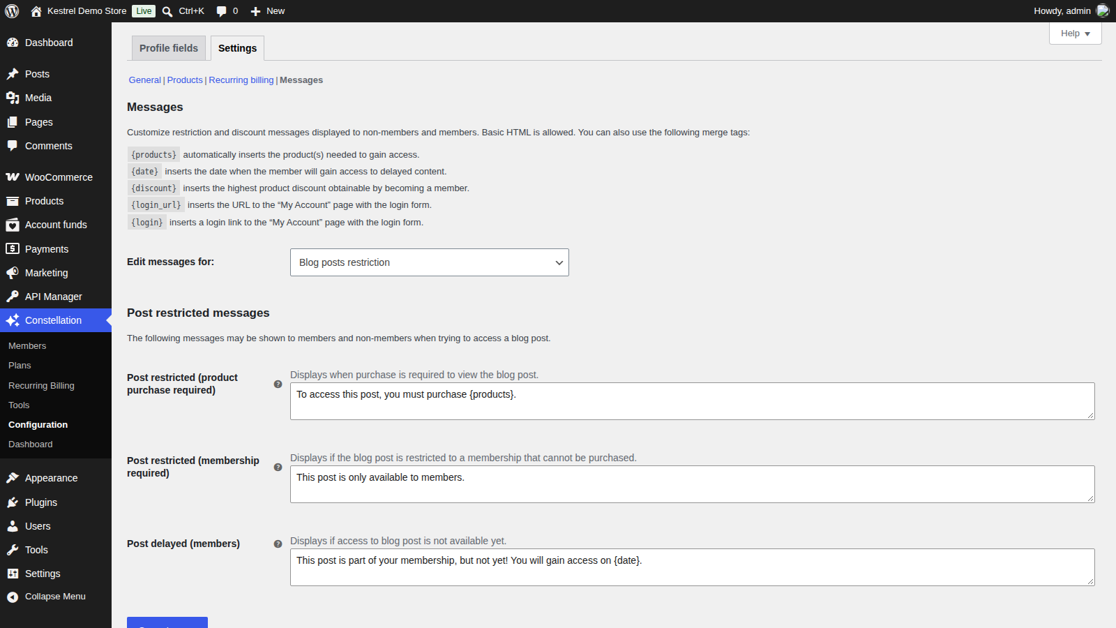Constellation by Kestrel: Messages (selector and the three post messages)