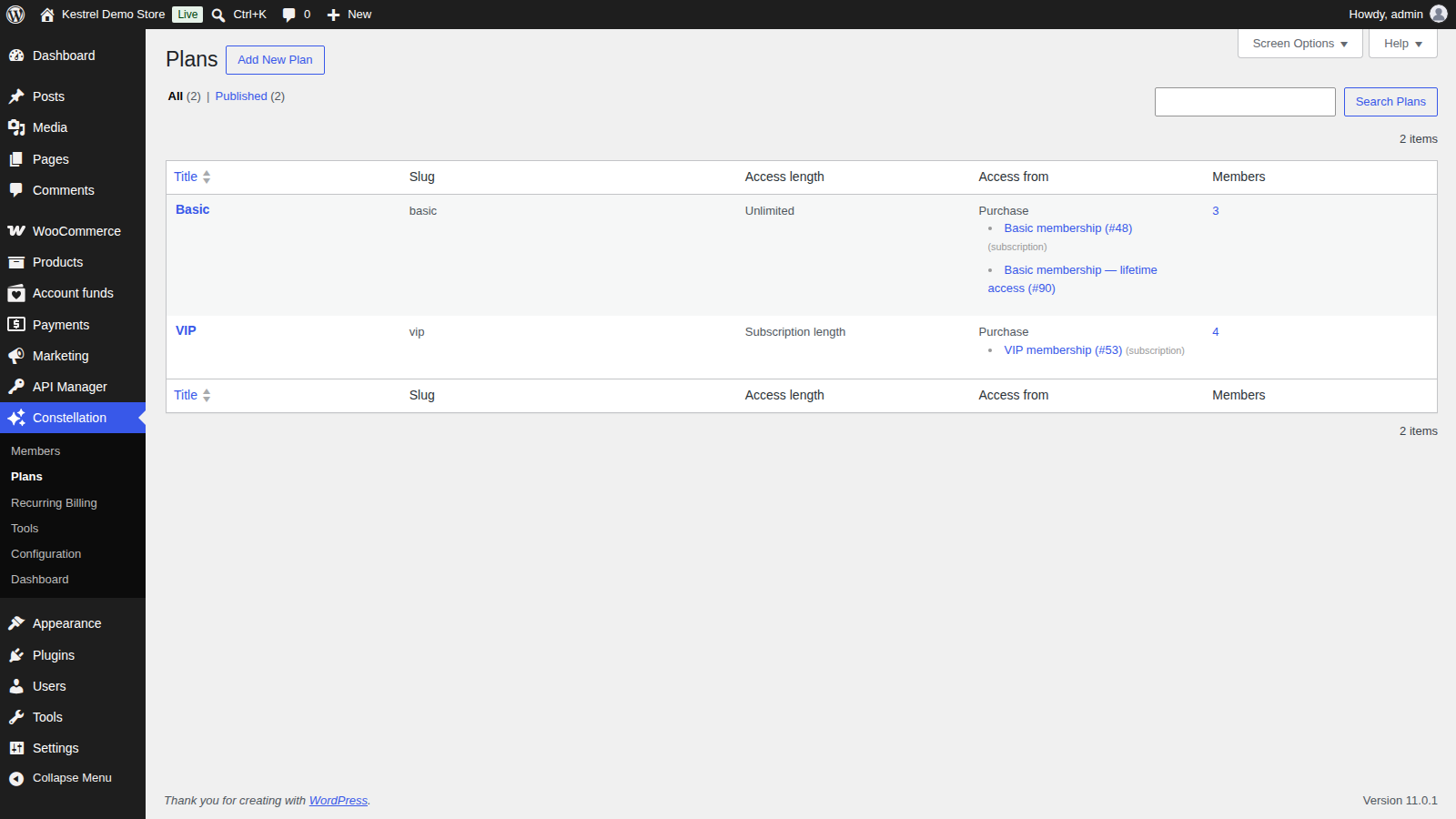 Constellation by Kestrel: Add the plan (list with Slug, Rules, Access length, Access from, Members columns)