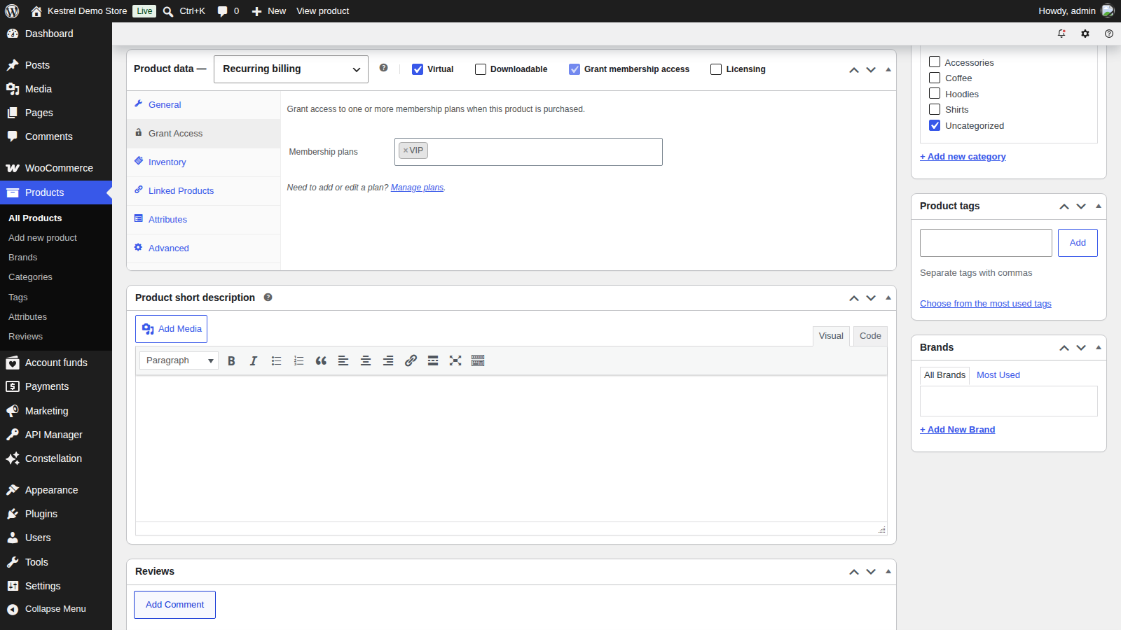 Constellation by Kestrel: Choose the product type (product data box, type selector to Membership plans field)